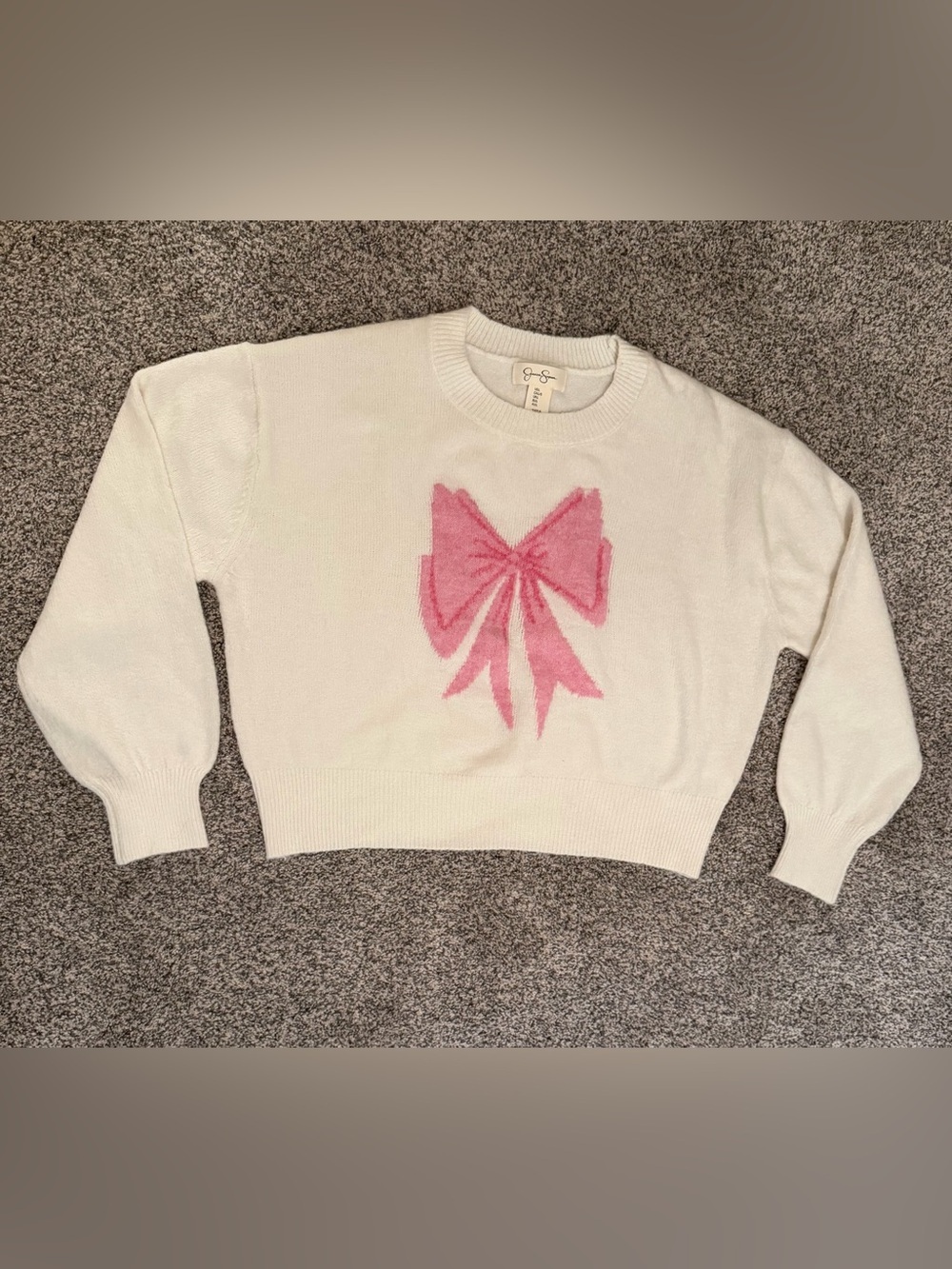 Jessica Simpson White Crewneck Sweater with Pink Bow Graphic